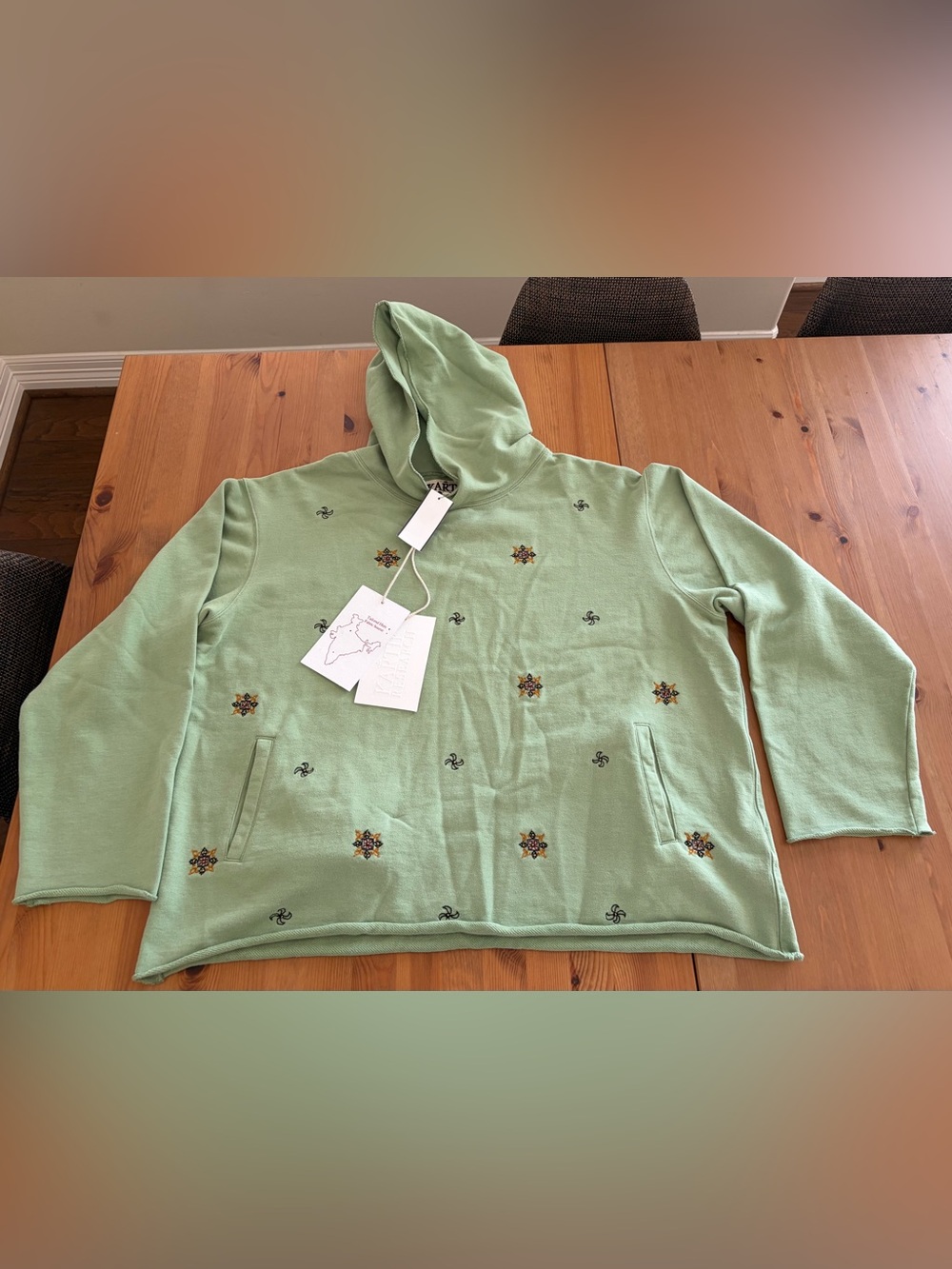 New w Tags Kartik Research Cotton Embroidered Hoodie Pullover Green XL Xlarge